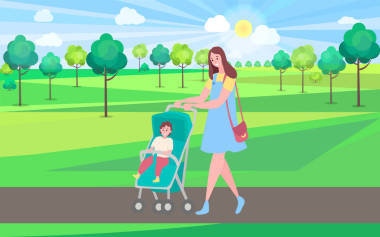 與流動(dòng)小販和小孩一起在公園散步的女人