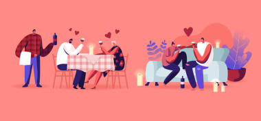 在家里和餐馆里有浪漫约会的一对情侣。 男人和女人坐在餐桌旁，烛台侍应生端着酒，男朋友和女友坐在沙发上。 卡通平面矢量图解