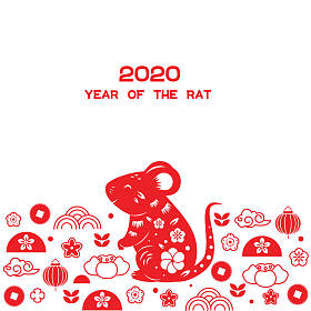 2020年老鼠年。 中国新年设计风格简约。 装饰鼠标黄道带和传统符号边
