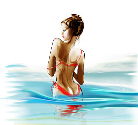 热带海滩上穿着比基尼的女人