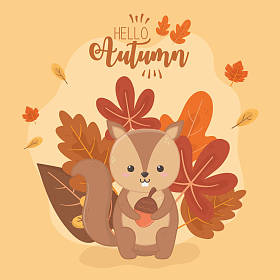 可爱的动物树叶你好秋天