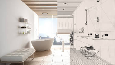 漆輥畫室內(nèi)設(shè)計藍圖背景,空間成為展示現(xiàn)代浴室的真實寫照. 在概念之前和之后，建筑師設(shè)計了創(chuàng)造性的工作流程