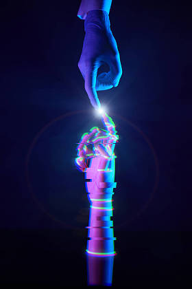 触动工程师的手指和他所创造的数字技术。 对人和技术的认识