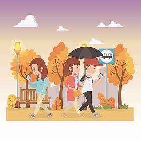 带着雨伞在公园里散步的年轻人