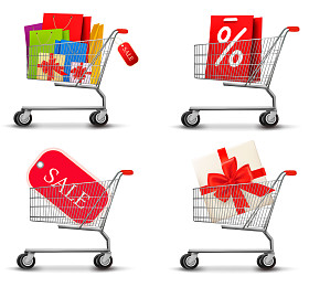 购物车购物袋和礼品盒外壳的完整的集合