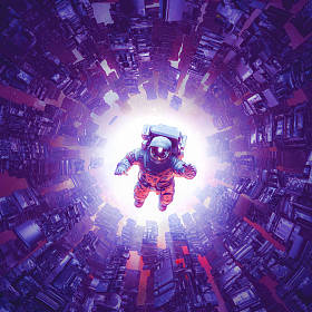 时空奇点/宇航员漂浮在抽象的外星机器中的3D插图