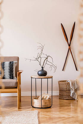 带有时髦沙发和花瓶的现代公寓内部