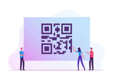 無(wú)灰社會(huì)的概念。 婦女手持智能手機(jī)在手搖掃描巨大的商店Qr代碼檢查價(jià)格，接受促銷和折扣。 購(gòu)物的移動(dòng)應(yīng)用程序。 卡通平面矢量圖解