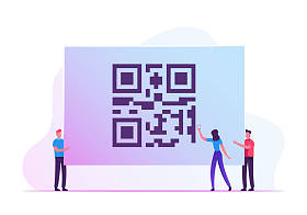 无灰社会的概念。 妇女手持智能手机在手摇扫描巨大的商店Qr代码检查价格，接受促销和折扣。 购物的移动应用程序。 卡通平面矢量图解