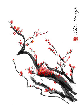 樱花，樱花开花梅花毛笔 paintingred 樱花中国画笔绘画