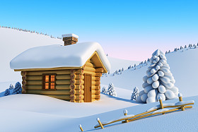 房子在雪山图片