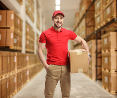 送货员把纸板箱放在储藏室里图片