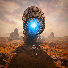 The astronaut encounters a giant alien worm monster on a desert planet