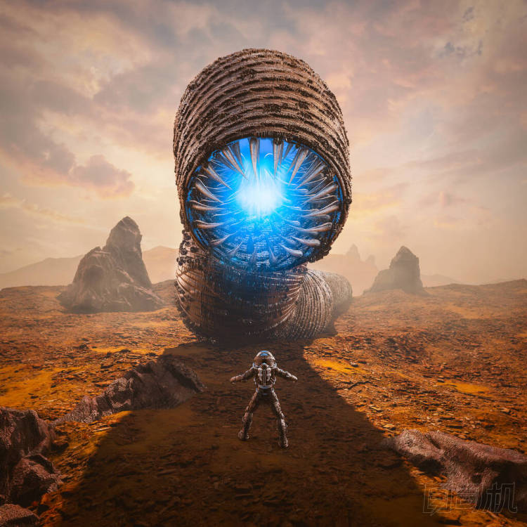 The astronaut encounters a giant alien worm monster on a desert planet