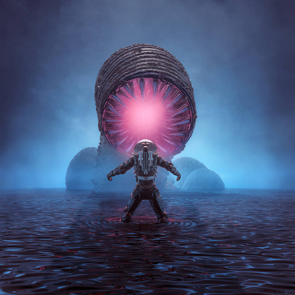 怪物巢穴的3D插图/复古科幻场景，显示宇航员在水上运动中遇到巨大的外星蠕虫生物