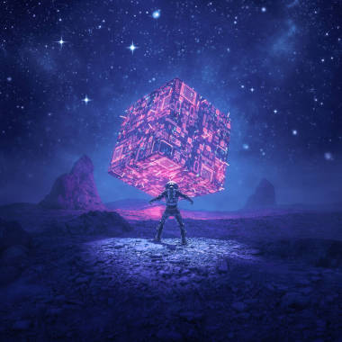 太空能源石/ 3D复古科幻场景图片说明宇航员在一个沙漠星球上遇到发光的外星电脑工艺