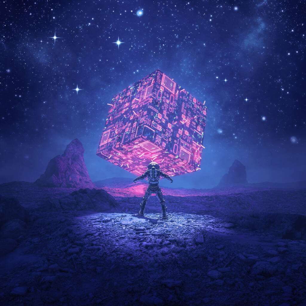 太空能源石/ 3D复古科幻场景图片说明宇航员在一个沙漠星球上遇到发光的外星电脑工艺 太空能源石/ 3D复古科幻场景图片说明宇航员在一个沙漠星球上遇到发光的外星电脑工艺