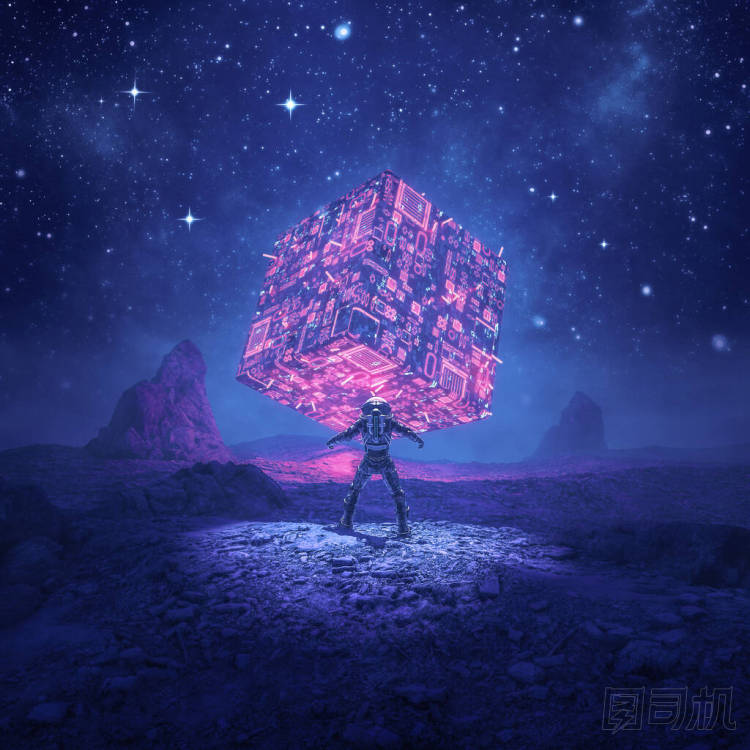 太空能源石/ 3D復(fù)古科幻場(chǎng)景圖片說(shuō)明宇航員在一個(gè)沙漠星球上遇到發(fā)光的外星電腦工藝
