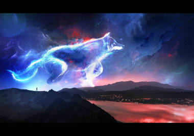 一个人在山上的画像，天空中闪烁着明亮的狼的灵