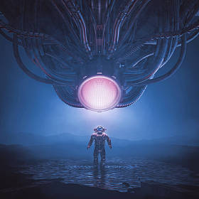 我的tonic / 3D复古科幻场景图片说明宇航员遇到巨大的外星机器人机器智能