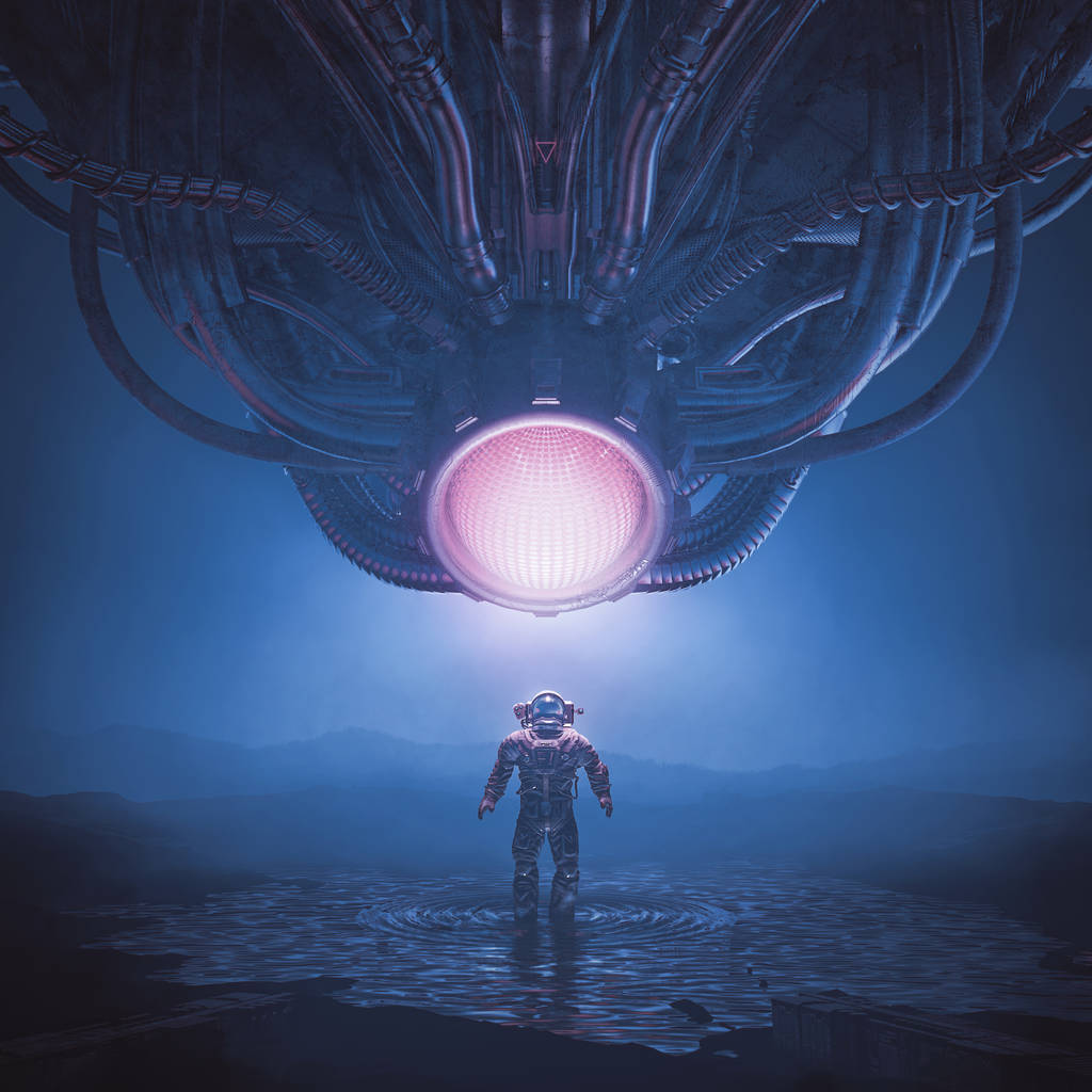 我的tonic / 3D复古科幻场景图片说明宇航员遇到巨大的外星机器人机器智能 我的tonic / 3D复古科幻场景图片说明宇航员遇到巨大的外星机器人机器智能