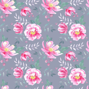 無縫隙的花紋,帶著野生的粉紅玫瑰,淡淡的淡紫色花朵元素,灰色背景手繪水彩畫