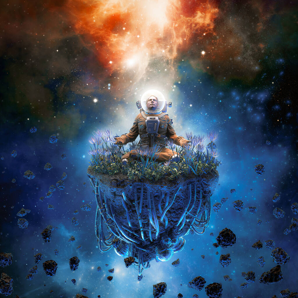一幅超现实科幻场景的3D插图——冥想的宇航员在一颗被鲜花环绕的人造小行星上