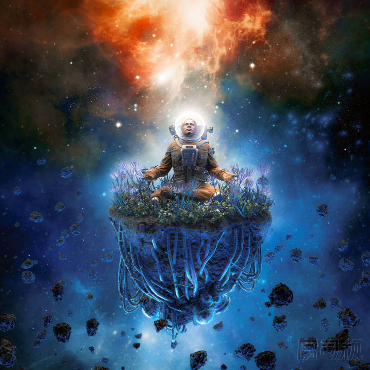 一幅超現(xiàn)實(shí)科幻場(chǎng)景的3D插圖——冥想的宇航員在一顆被鮮花環(huán)繞的人造小行星上