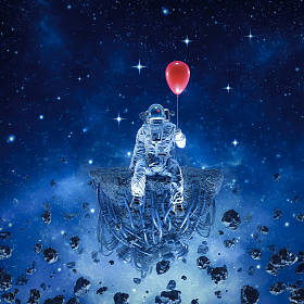 超现实科幻场景的1/3D照片插图，宇航员坐在一颗人造小行星上，在外层空间拿着一个红气球