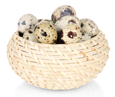 鵪鶉蛋在柳條籃上白色隔離圖片