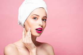 裸女惊讶地穿着白毛巾孤立在粉色上