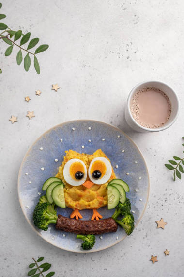 有趣的猫头鹰、土豆泥、胡萝卜、蔬菜泥