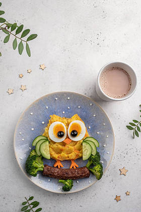 有趣的猫头鹰、土豆泥、胡萝卜、蔬菜泥