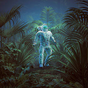 回归自然/ 3D科幻场景插图，宇航员探索郁郁葱葱的热带外星丛林