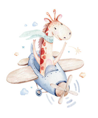 水彩畫集寶寶卡通人物可愛的飛行員航空背景圖上，華麗的天空飄揚(yáng)著飛機(jī)氣球、云朵。孩子氣的男孩模式。這是一個(gè)嬰兒淋浴間的例子