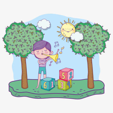 兒童節(jié)快樂小男孩在公園里吹小號