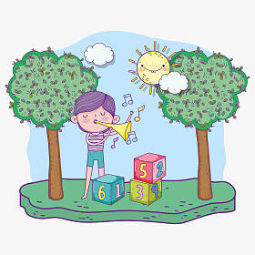 儿童节快乐小男孩在公园里吹小号