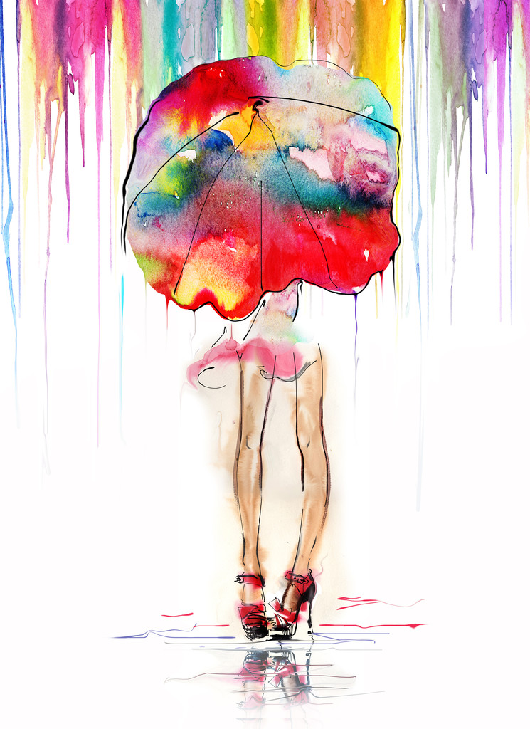 年轻漂亮的女孩，用红色的伞图片