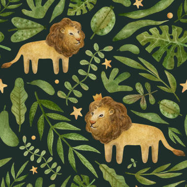 水彩畫(huà),獅子和植物交織在一起.與野貓和樹(shù)葉的叢林冒險(xiǎn)背景。兒童用紡織品、包裝材料、卡片、壁紙的木制動(dòng)物質(zhì)感極佳