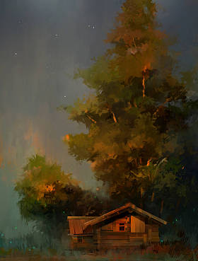 用老房子画森林夜景