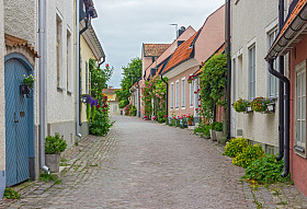 Streets with old houses in Visby Rules town, Sweden