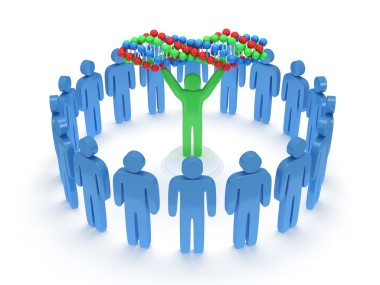 周圍綠色的人，與 dna 鏈的藍(lán)人。3d