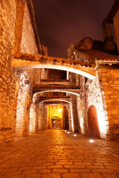 在塔林的旧街道夜晚。爱沙尼亚。欧洲