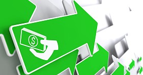 图标的绿色箭头手中的金钱.照片