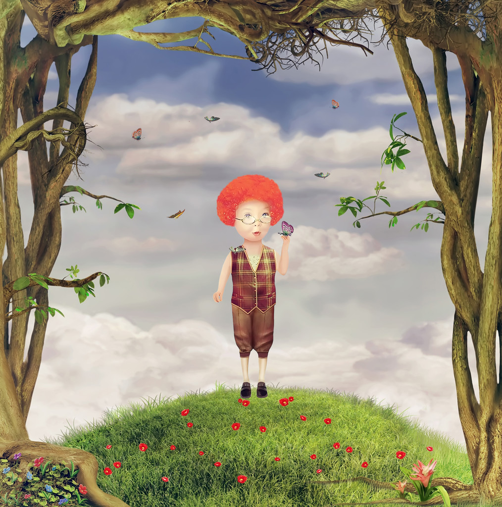 一个男孩在花园里的插图