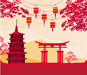 农历新年卡片-传统灯笼及亚洲建筑物