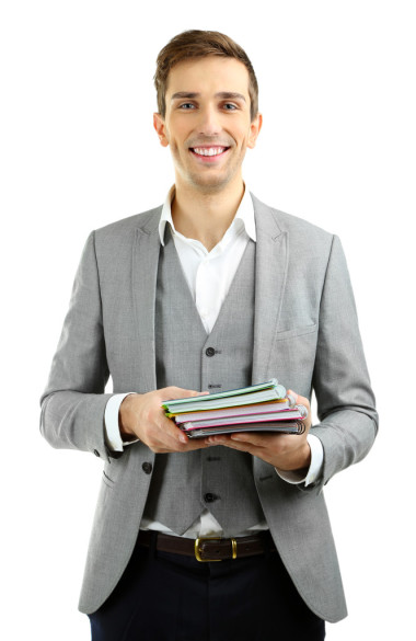 年輕的老師審查上白色孤立的測試