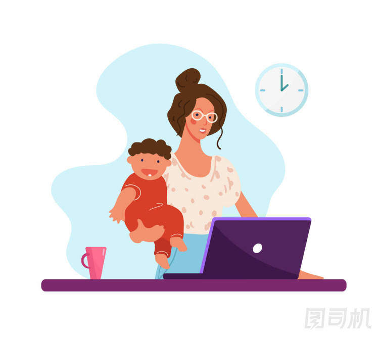 一個現(xiàn)代女人抱著一個孩子在電腦前工作。關(guān)于選擇職業(yè)或家庭、遙遠(yuǎn)的工作、職業(yè)、自由職業(yè)的概念說明。白色上孤立的平面卡通畫.