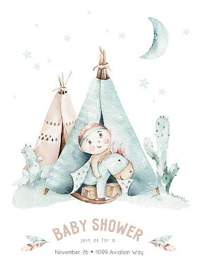 水彩画集墨西哥裔元素：仙人掌，鹿角，传统假发，Boho党的邀请函。男婴洗澡水西部荒野