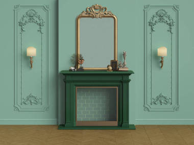 經(jīng)典的內(nèi)部裝飾壁爐。鍍金的鏡子，有模子的墻壁。地板貼片鯡魚。數(shù)字圖像。 3D渲染